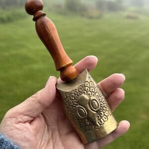 Vintage Owl Bell Embossed Brass Turned Teak Wood Handle 6" MCM Dinner Store